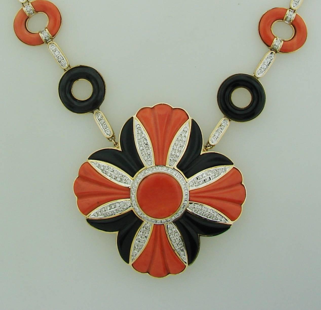 1970s Mediterranean Coral Black Onyx Diamond Yellow Gold Necklace 1