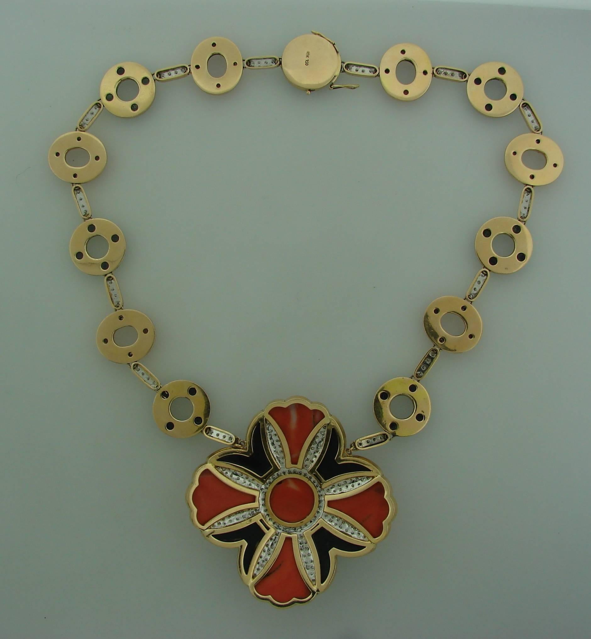 1970s Mediterranean Coral Black Onyx Diamond Yellow Gold Necklace 3