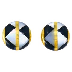 Angela Cummings for Tiffany & Co. MOP Gold Onyx Button Clip-On Earrings