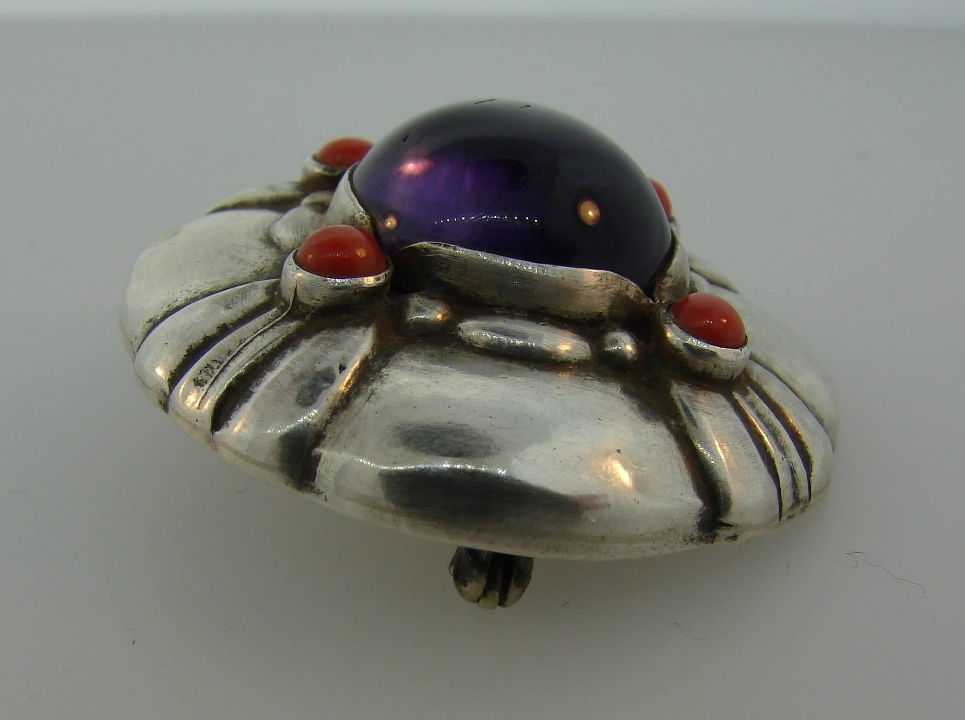 Georg Jensen Amethyst Coral Silver Pin Brooch Clip No.50 In Excellent Condition For Sale In Beverly Hills, CA