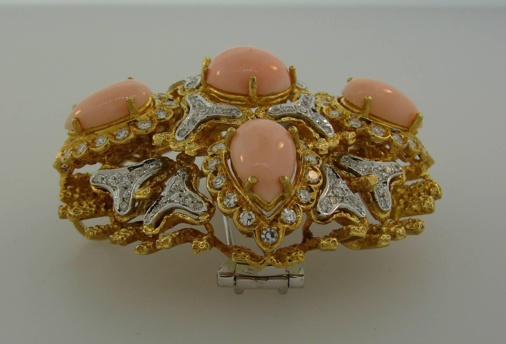 Women's 1980s Coral Diamond Yellow Gold Pendant Pin Brooch Clip