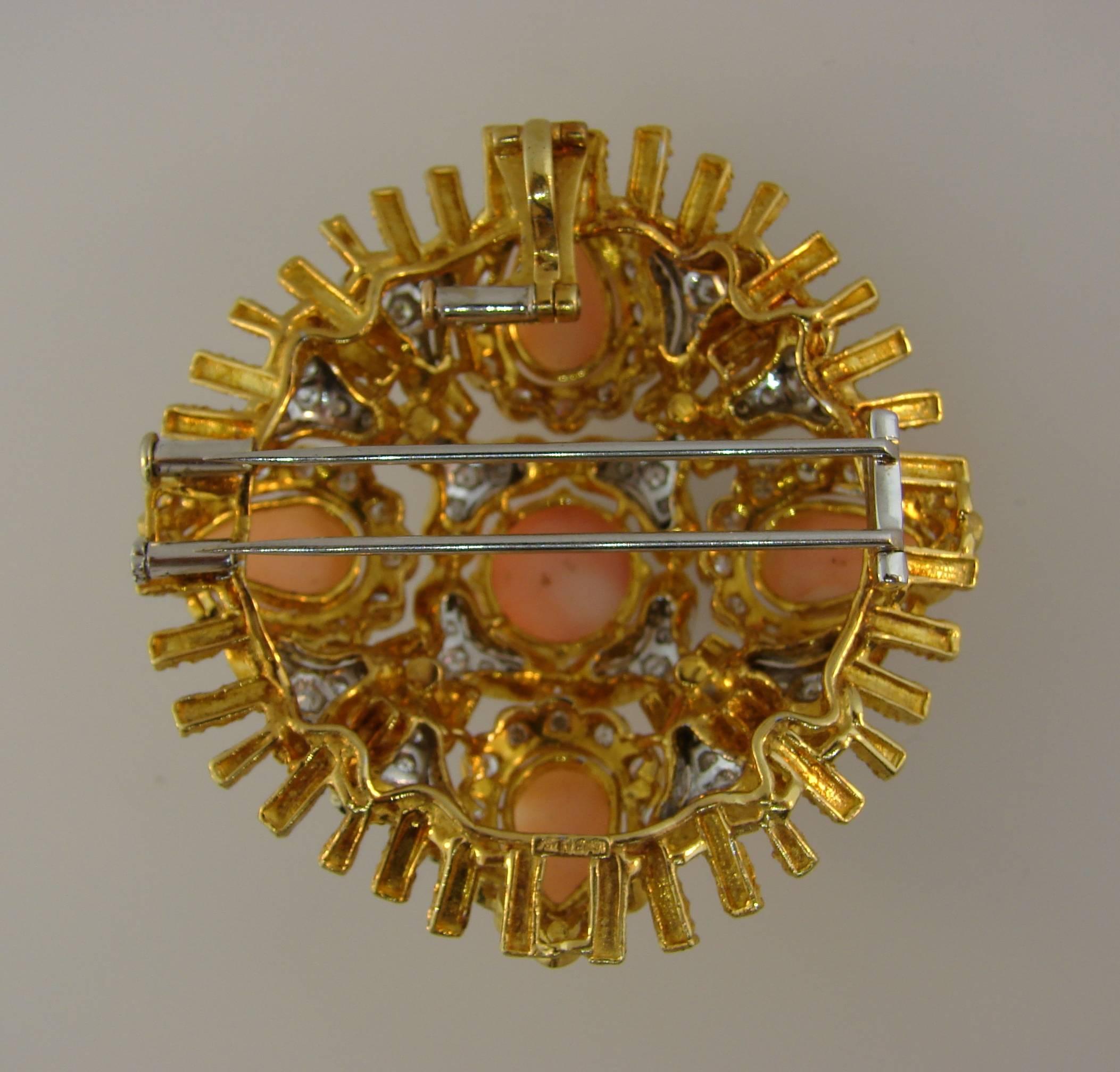 1980s Coral Diamond Yellow Gold Pendant Pin Brooch Clip 1