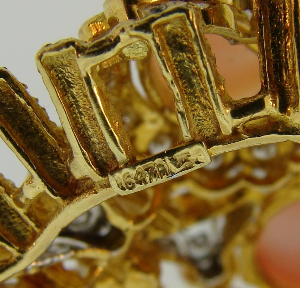 1980s Coral Diamond Yellow Gold Pendant Pin Brooch Clip 2