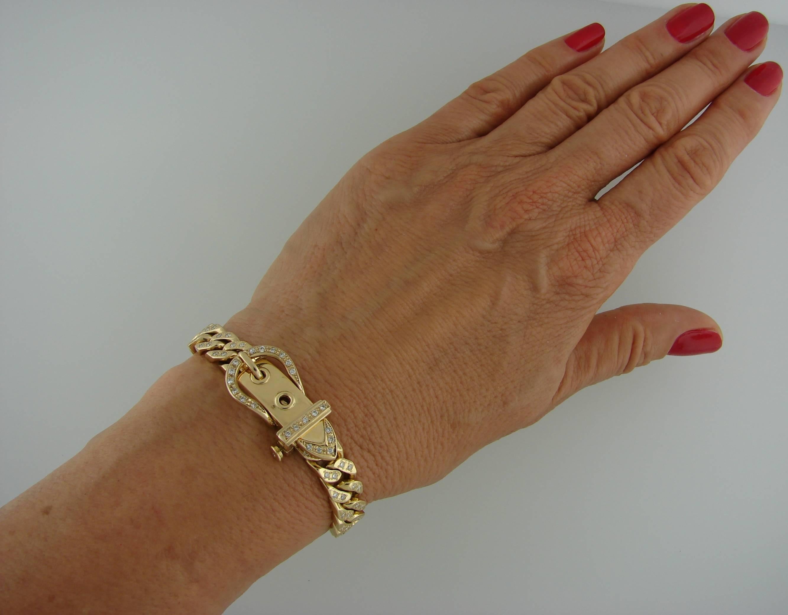 1970s Hermes Diamond Yellow Gold Buckle Link Bracelet In Excellent Condition In Beverly Hills, CA