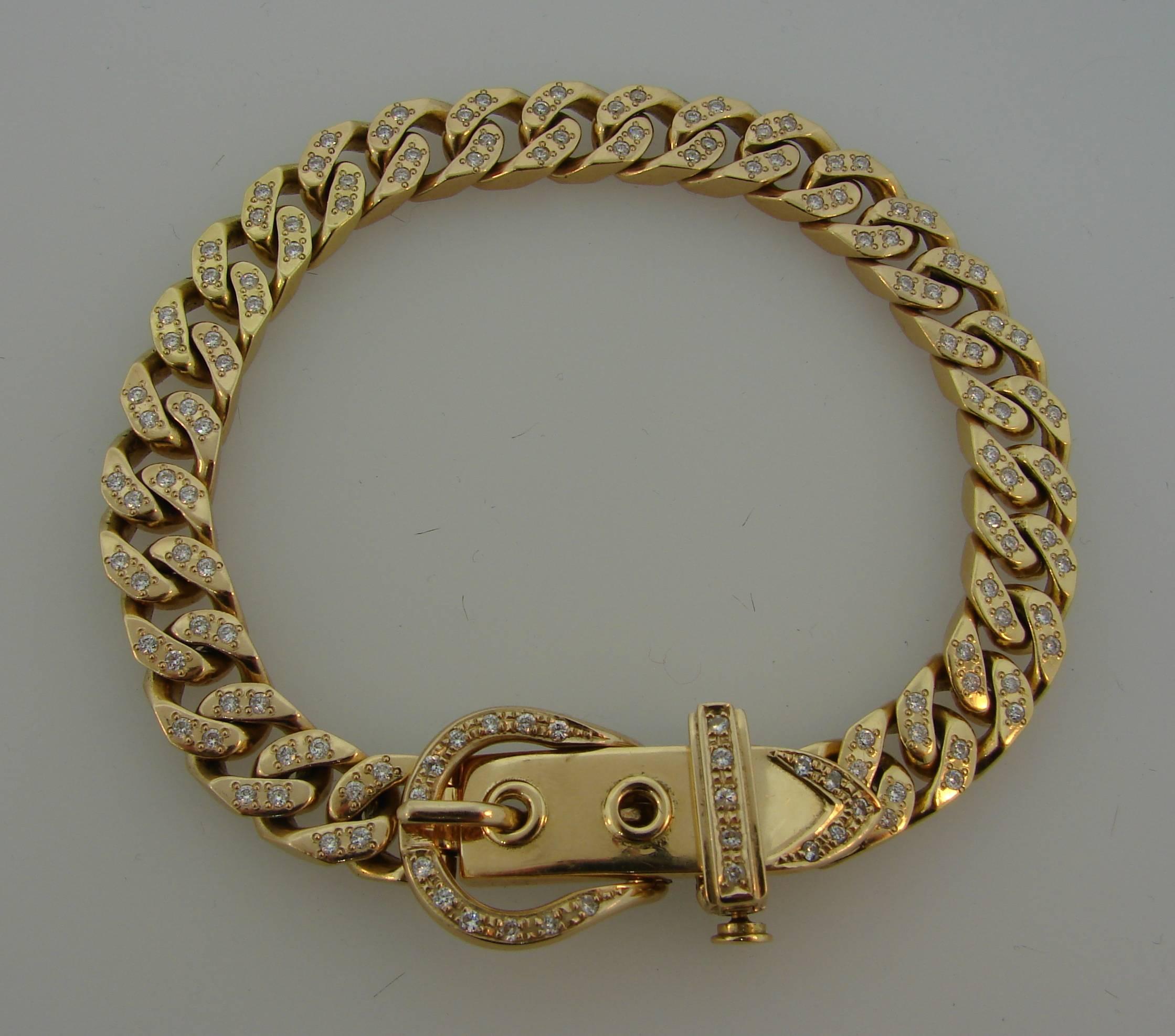 Women's or Men's 1970s Hermes Diamond Yellow Gold Buckle Link Bracelet