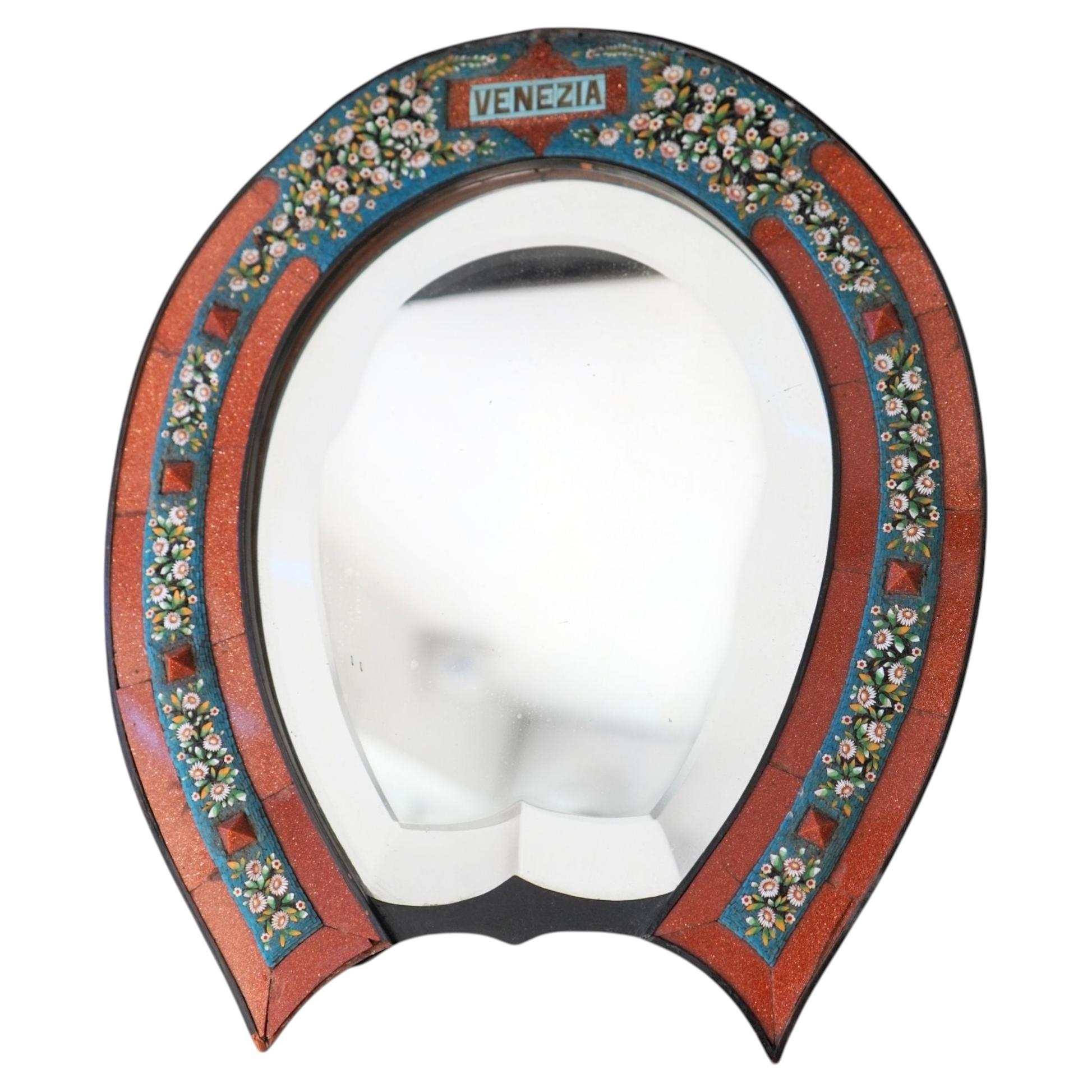 Antique 1900s Italian Micro Mosaic Horseshoe Mirror Stand w/ Box For Sale