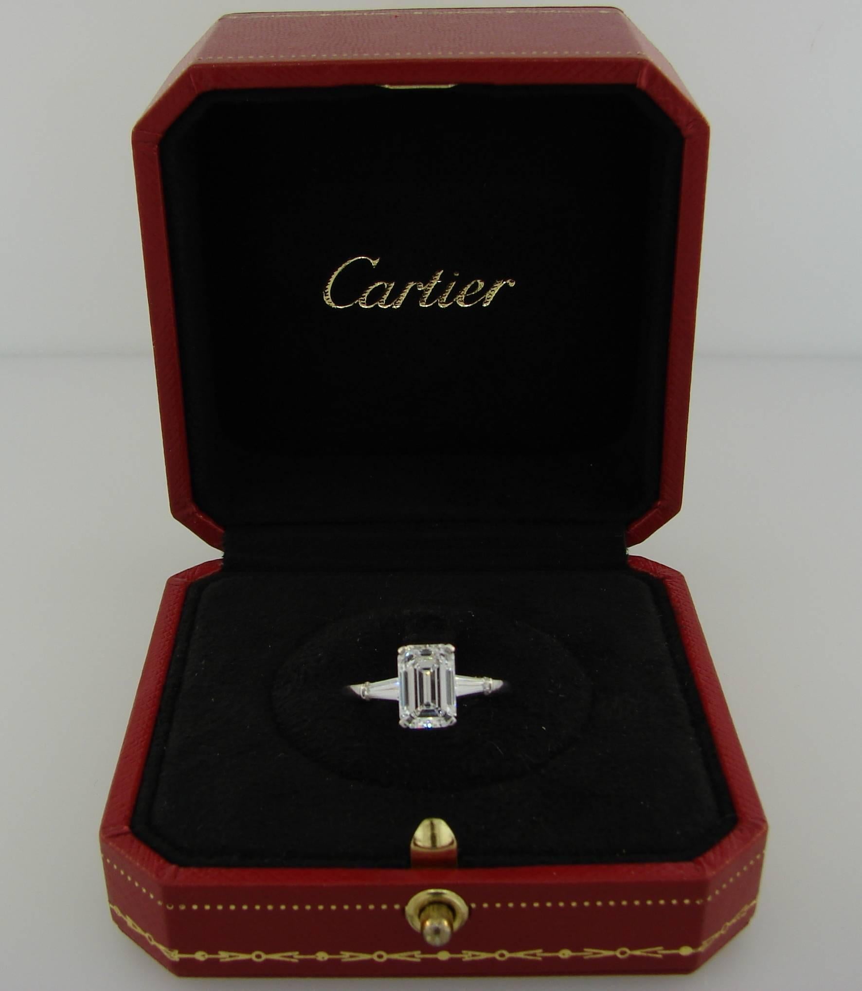 Cartier 2.03 Carat GIA Emerald Cut Diamond Platinum Engagement Ring In Excellent Condition In Beverly Hills, CA