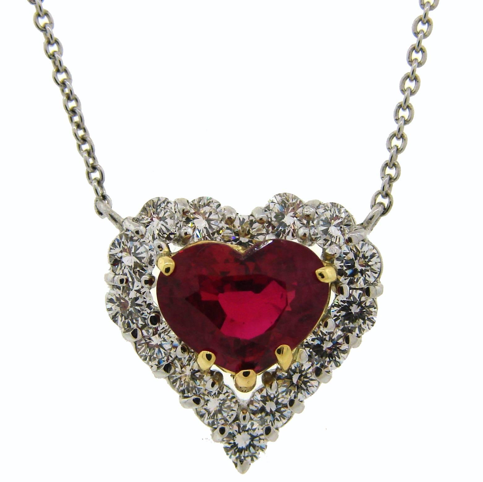 Classy elegant Heart pendant necklace created by Laurence Graff. This romantic necklace with the finest quality ruby and diamonds is a perfect gift to show someone you love dear and important they are. By giving this finest quality ruby and diamond