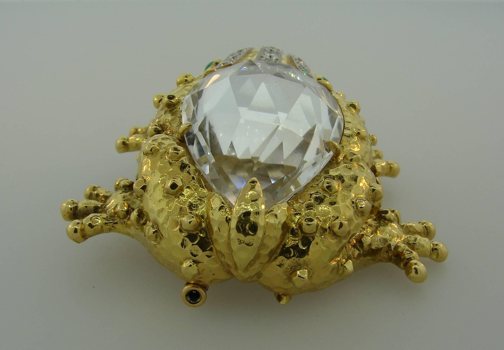 1980s David Webb Rock Crystal Diamond Emerald Yellow Gold Frog Pin Brooch Clip 2