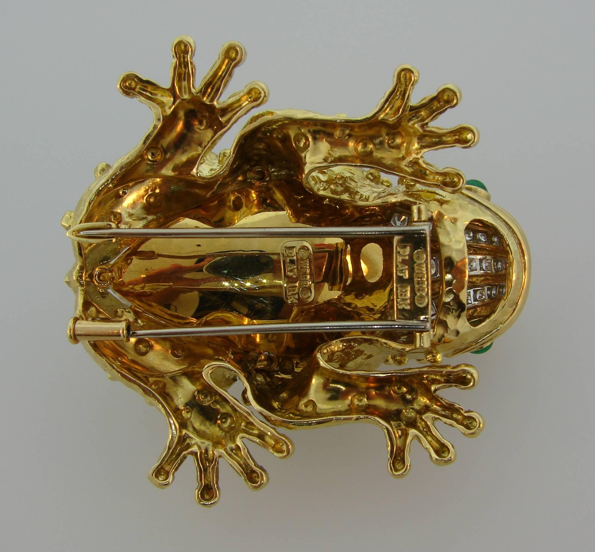 1980s David Webb Rock Crystal Diamond Emerald Yellow Gold Frog Pin Brooch Clip 3