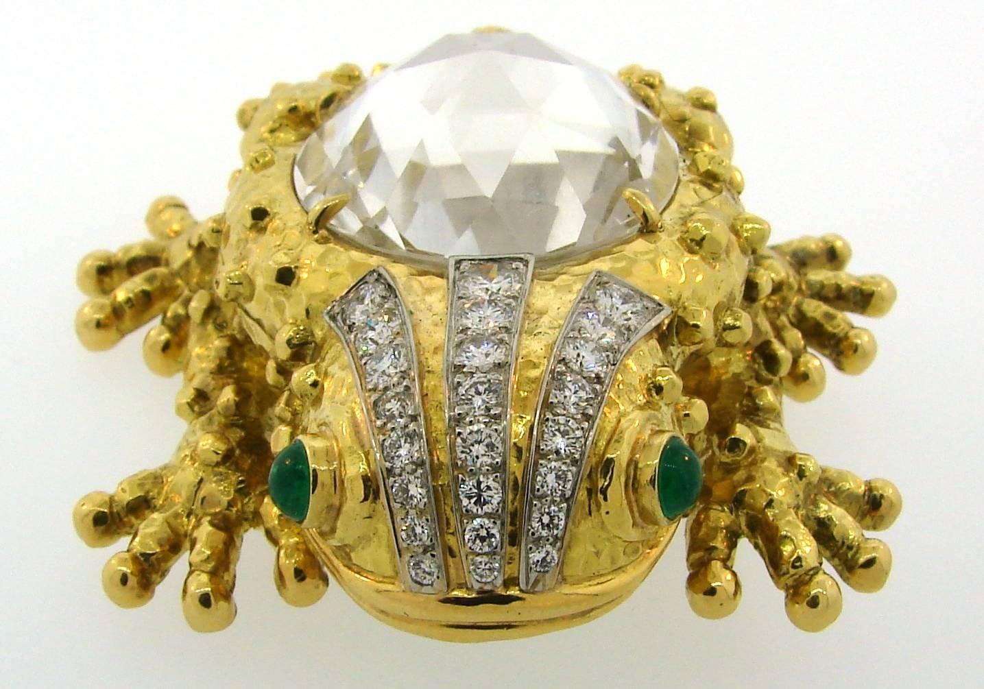 1980s David Webb Rock Crystal Diamond Emerald Yellow Gold Frog Pin Brooch Clip 5
