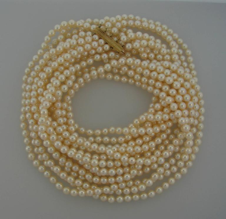 Mikimoto Akoya Pearl Yellow Gold Clasp MultiStrand Long Necklace For