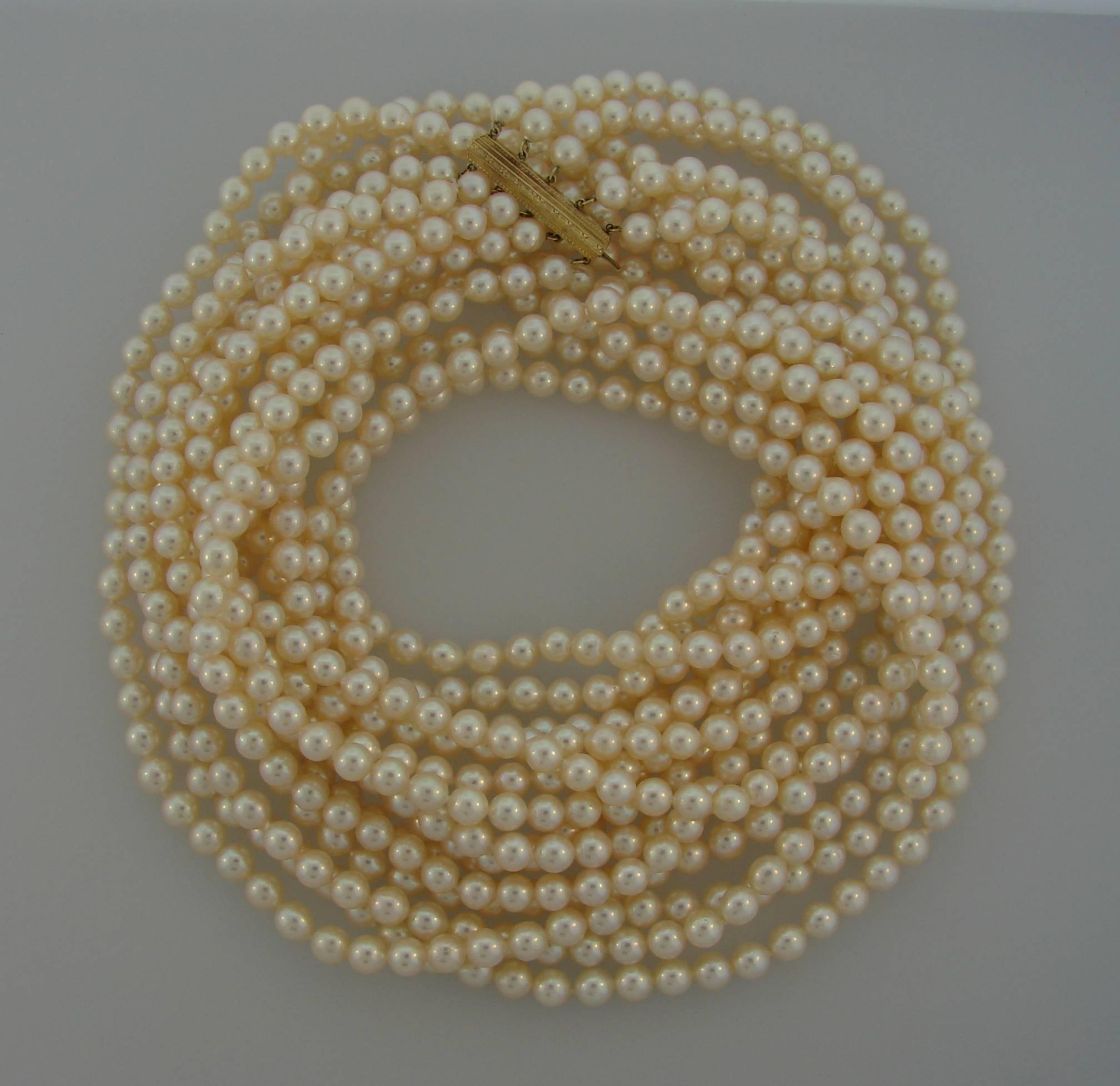 Beautiful, classy and timeless five-strand long necklace created by Mikimoto. Versatile and wearable, the necklace is a great addition to your jewelry collection. 
The pearls measure in average 6.2 mm in diameter, have excellent luster and very well