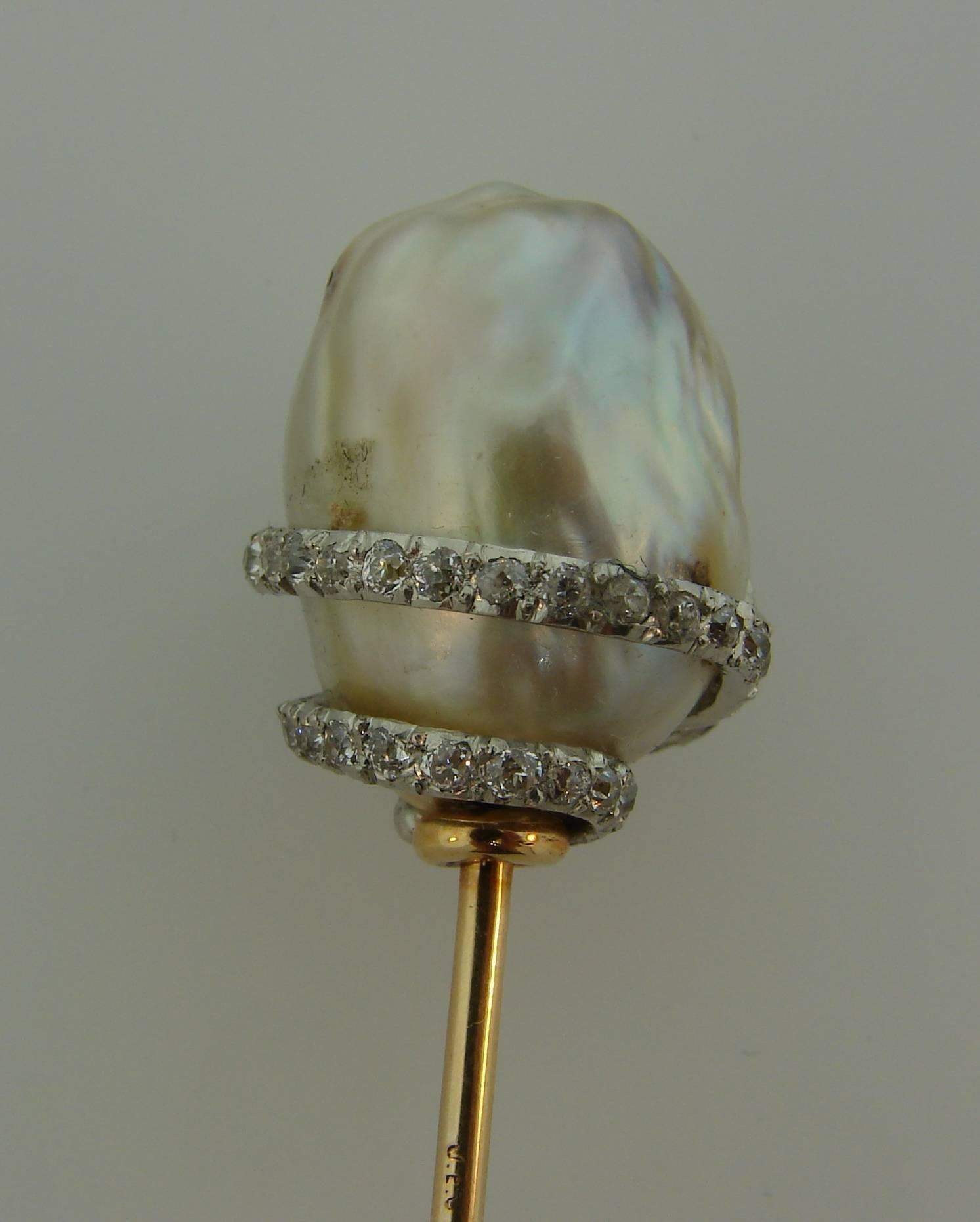 Women's or Men's J. E. Caldwell Art Deco Baroque Pearl Diamond Platinum Gold Hat Stick Pin, 1910s