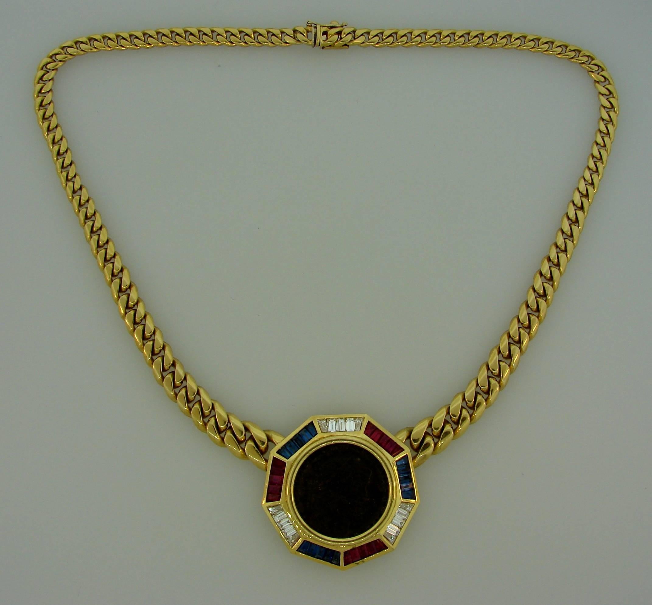 Bulgari Diamond Ruby Sapphire Yellow Gold Coin Pendant Necklace In Excellent Condition In Beverly Hills, CA