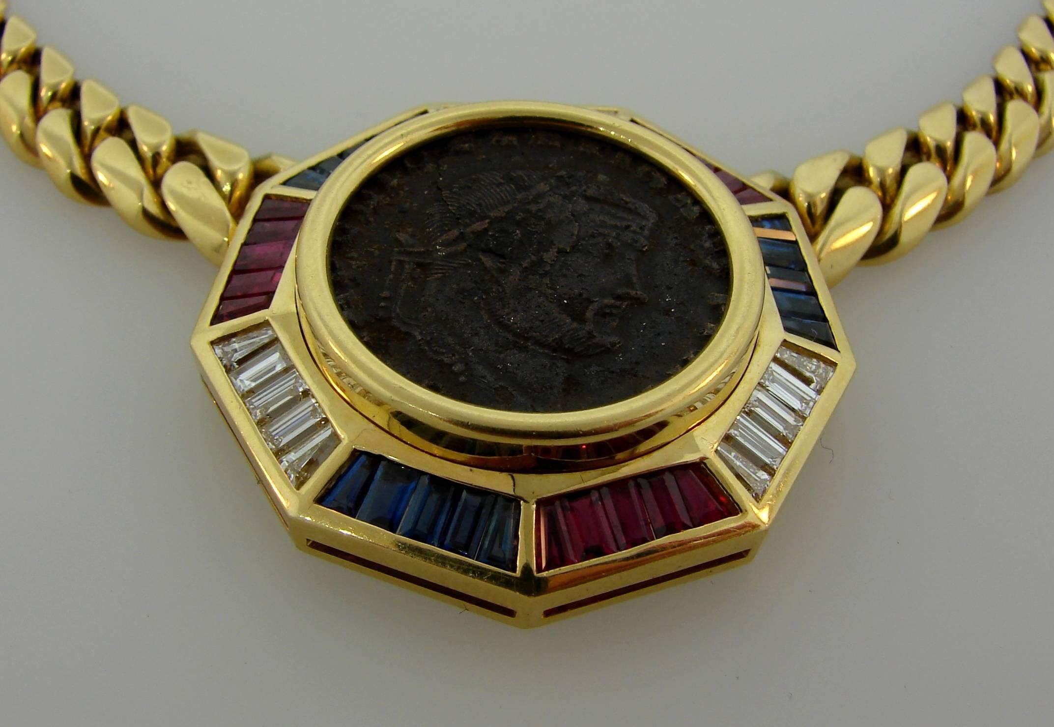 Women's or Men's Bulgari Diamond Ruby Sapphire Yellow Gold Coin Pendant Necklace