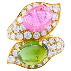 Bvlgari Vintage Bulgari Bypass Ring 18k Gold Diamond Cabochon Gemstones