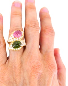 Bvlgari Vintage Bulgari Bypass Ring 18k Gold Diamond Cabochon Gemstones