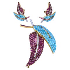 18k Gold Turquoise Ruby & Diamond Vintage Brooch and Earrings Set French Jewelry
