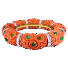 Steven Grotell Platinum and 18k Gold Bracelet Diamond Emerald Carved Coral
