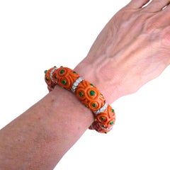 Steven Grotell Platinum and 18k Gold Bracelet Diamond Emerald Carved Coral