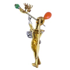 18k Gold Brooch Diamond Coral Enamel & Gem-Set Military Musician French Jewelry
