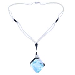 Art Deco Platinum Aquamarine Black Onyx Diamond Pearl Necklace