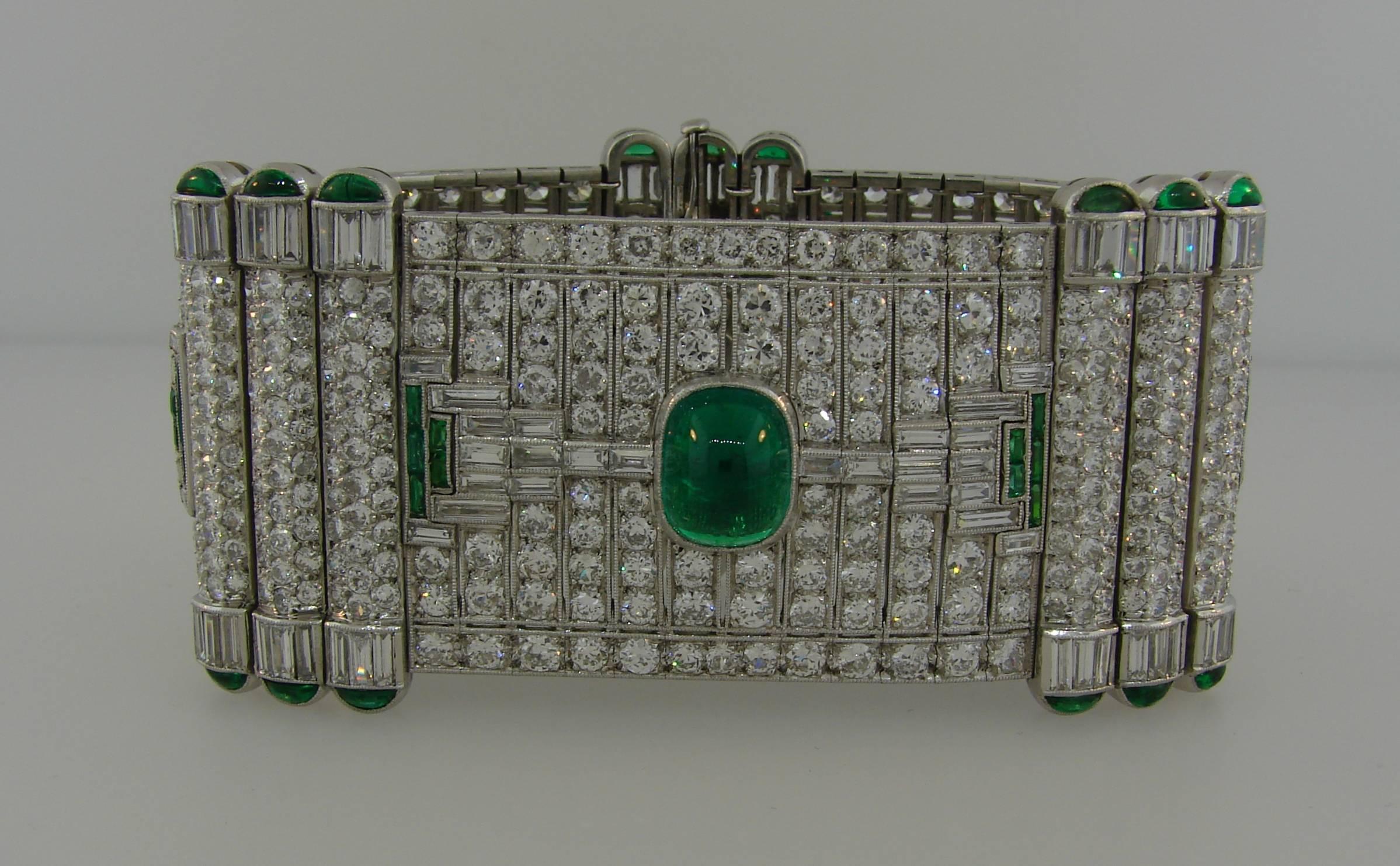 Magnificent Art Deco Colombian AGL Emerald Diamond Platinum Bracelet Levy-Wander In Excellent Condition In Beverly Hills, CA