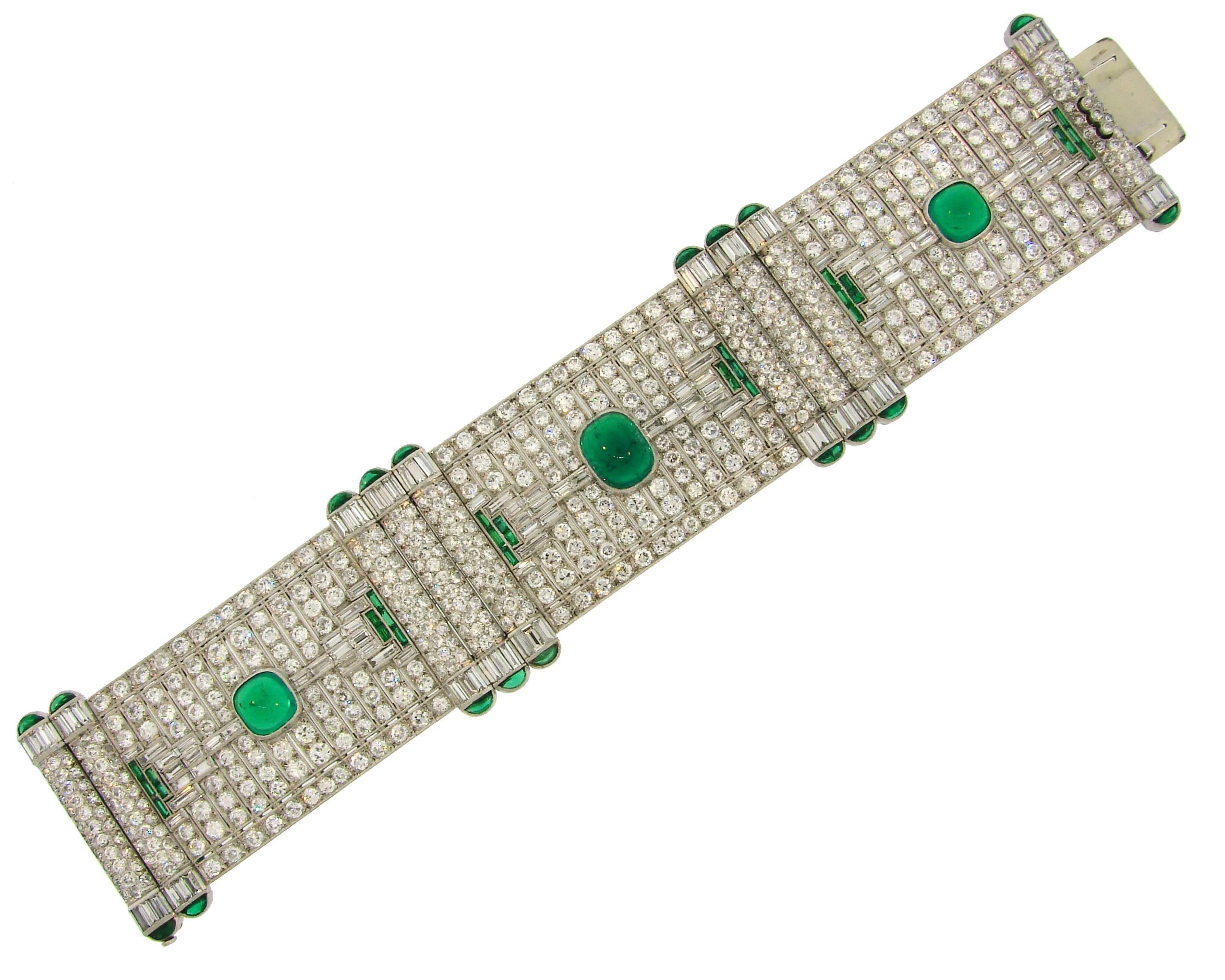 Women's Magnificent Art Deco Colombian AGL Emerald Diamond Platinum Bracelet Levy-Wander