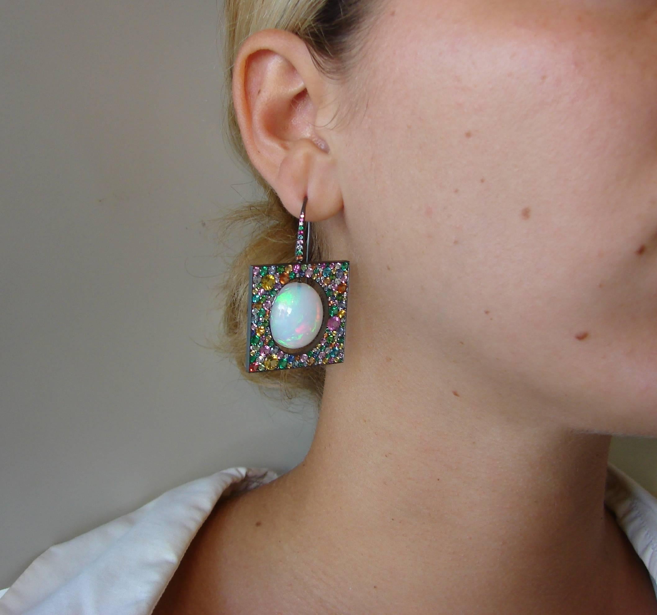 Mixed Cut Theodoros Earrings 18k Gold Opal Multicolored Gemstones For Sale