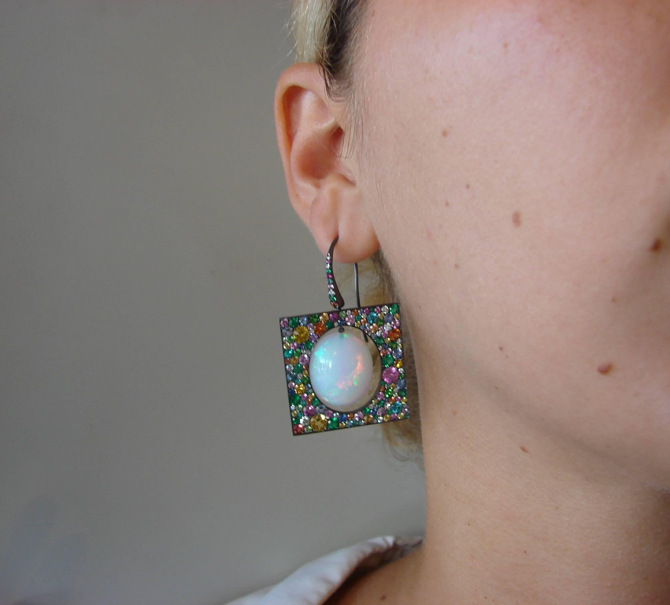 Theodoros Earrings 18k Gold Opal Multicolored Gemstones In Excellent Condition For Sale In Beverly Hills, CA