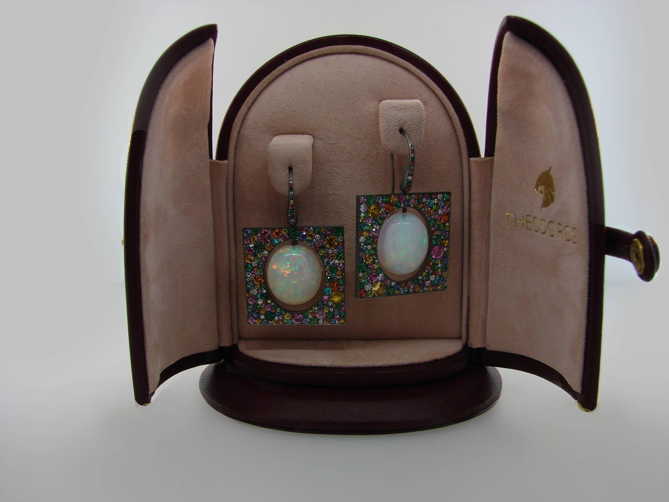 Theodoros Earrings 18k Gold Opal Multicolored Gemstones For Sale 3