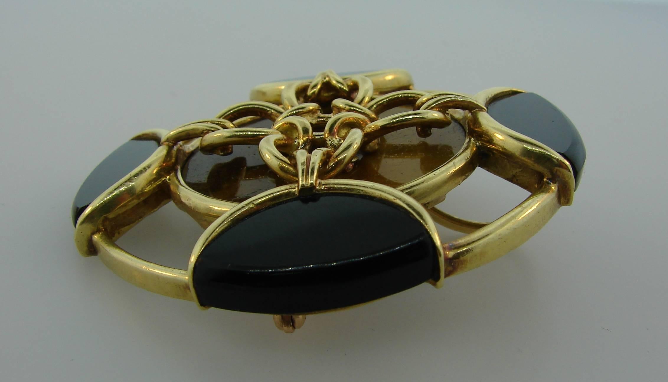 Tiffany & Co. Black Onyx Tiger's Eye Yellow Gold Brooch Pin Clip 1