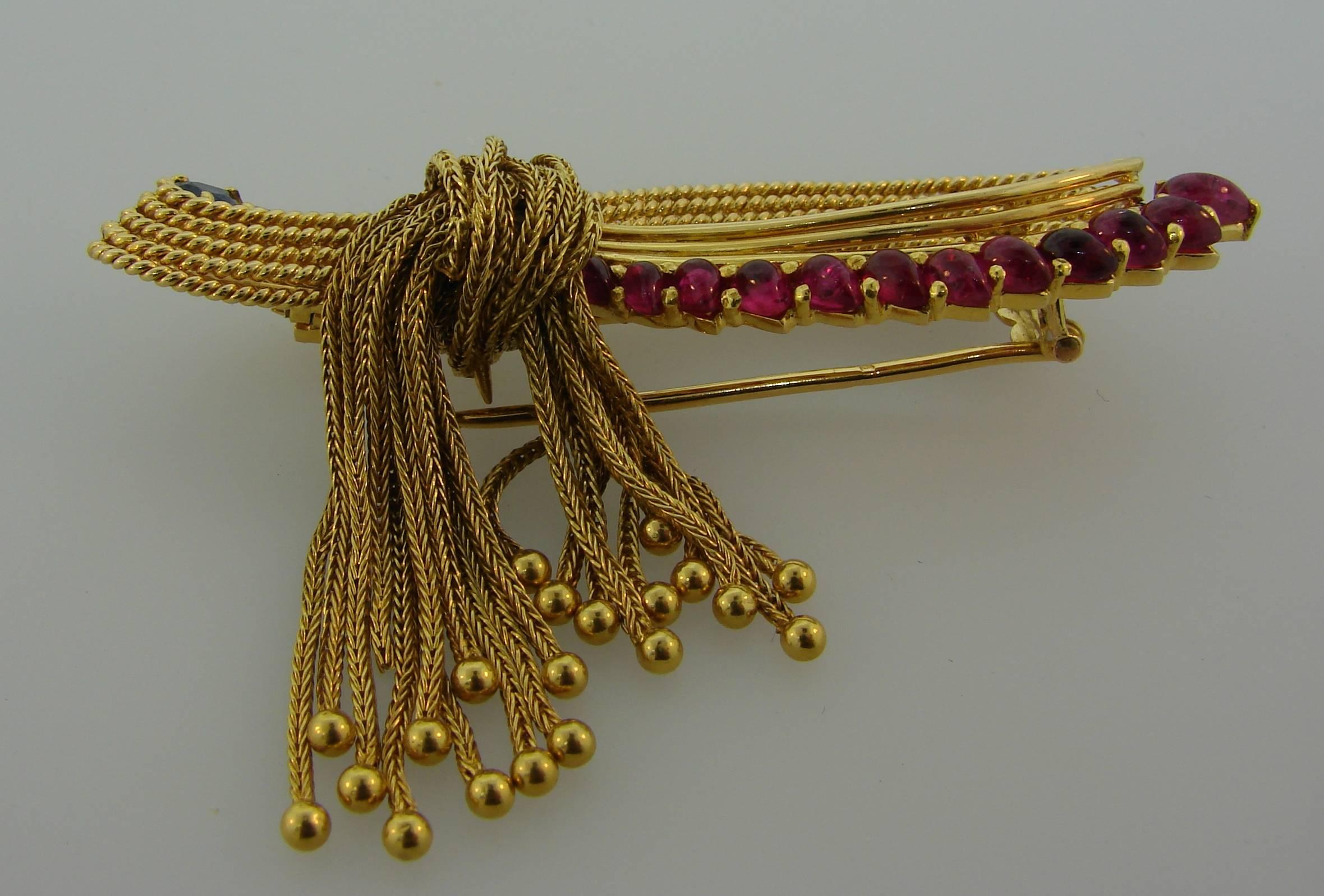 Women's Marchak Paris Ruby Sapphire Yellow Gold Clip Brooch Pin