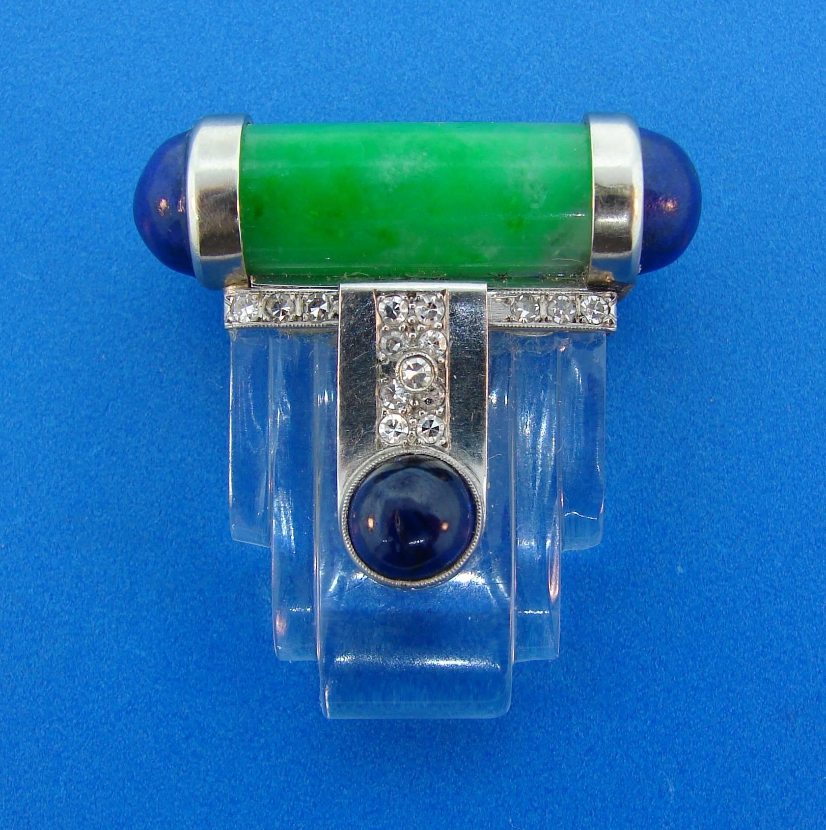 Jade Rock Crystal Platinum Clip Pin Brooch Lapis Lazuli Diamond Sapphire French In Good Condition In Beverly Hills, CA