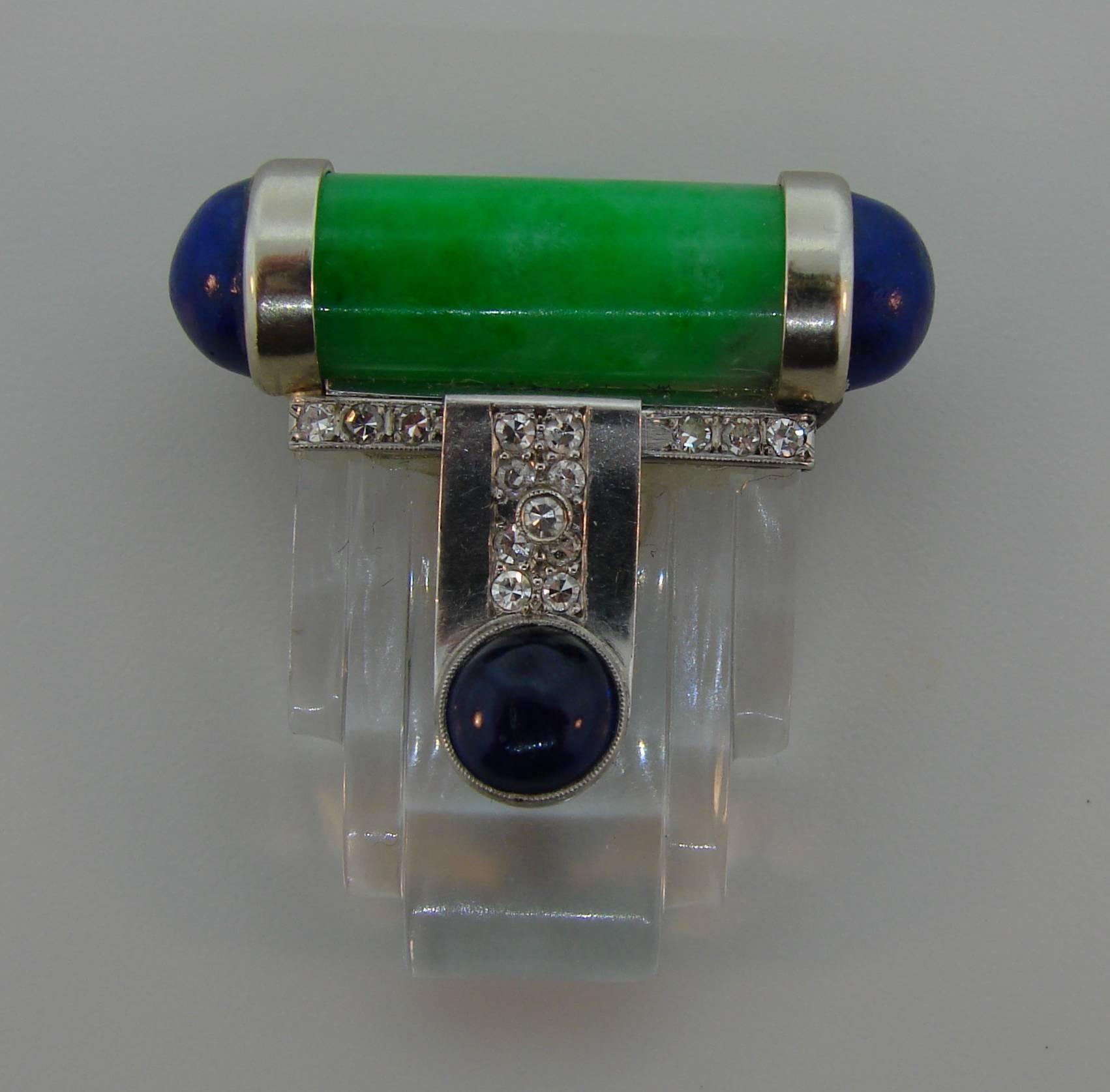 Women's or Men's Jade Rock Crystal Platinum Clip Pin Brooch Lapis Lazuli Diamond Sapphire French