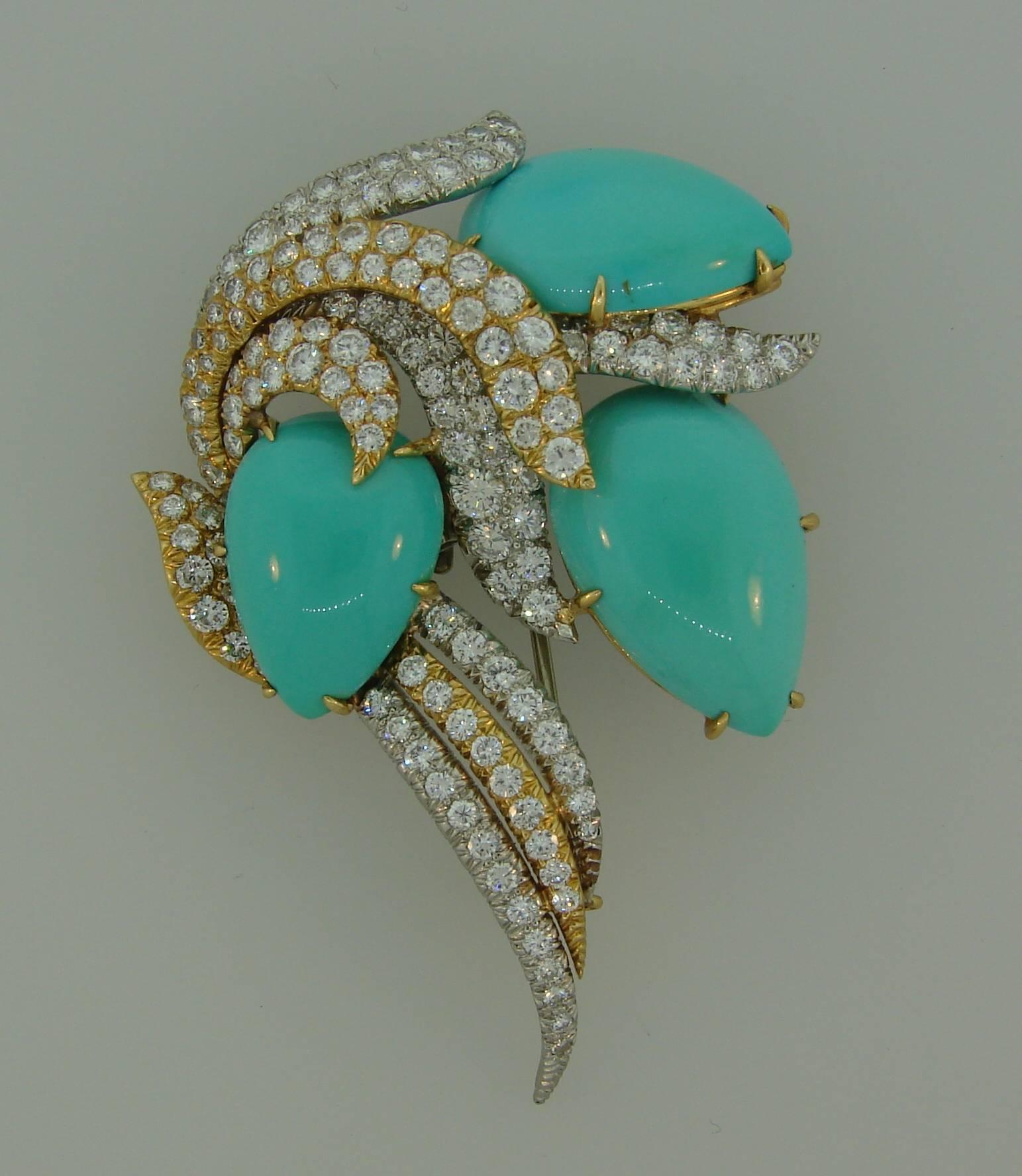 David Webb Turquoise Diamond Gold Platinum Brooch Pin Clip Pendant In Excellent Condition In Beverly Hills, CA