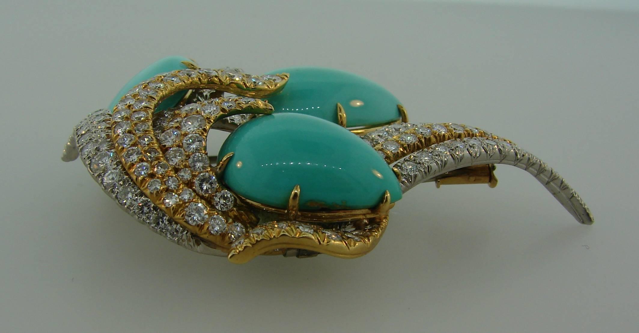 Women's David Webb Turquoise Diamond Gold Platinum Brooch Pin Clip Pendant