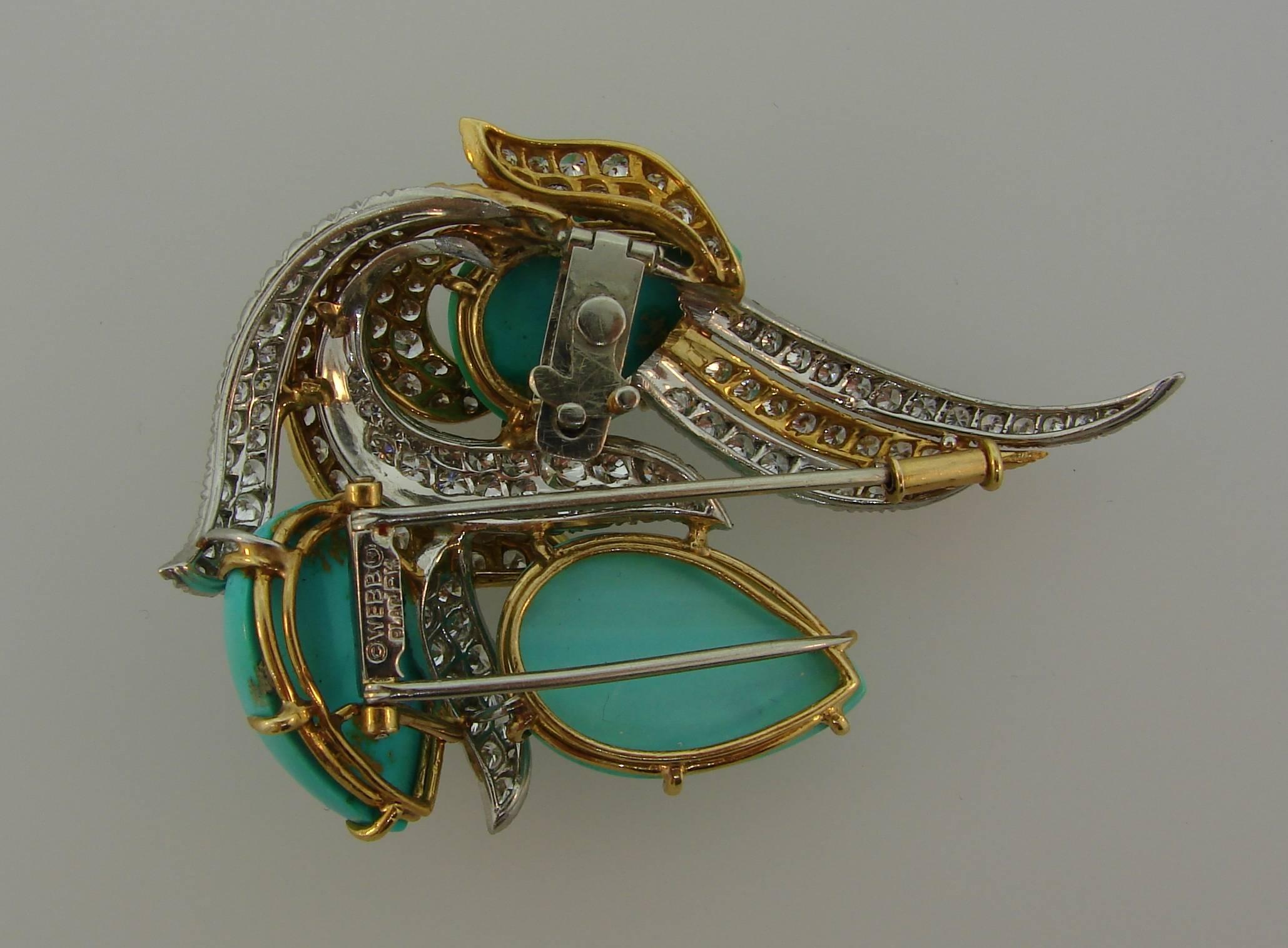 David Webb Turquoise Diamond Gold Platinum Brooch Pin Clip Pendant 1