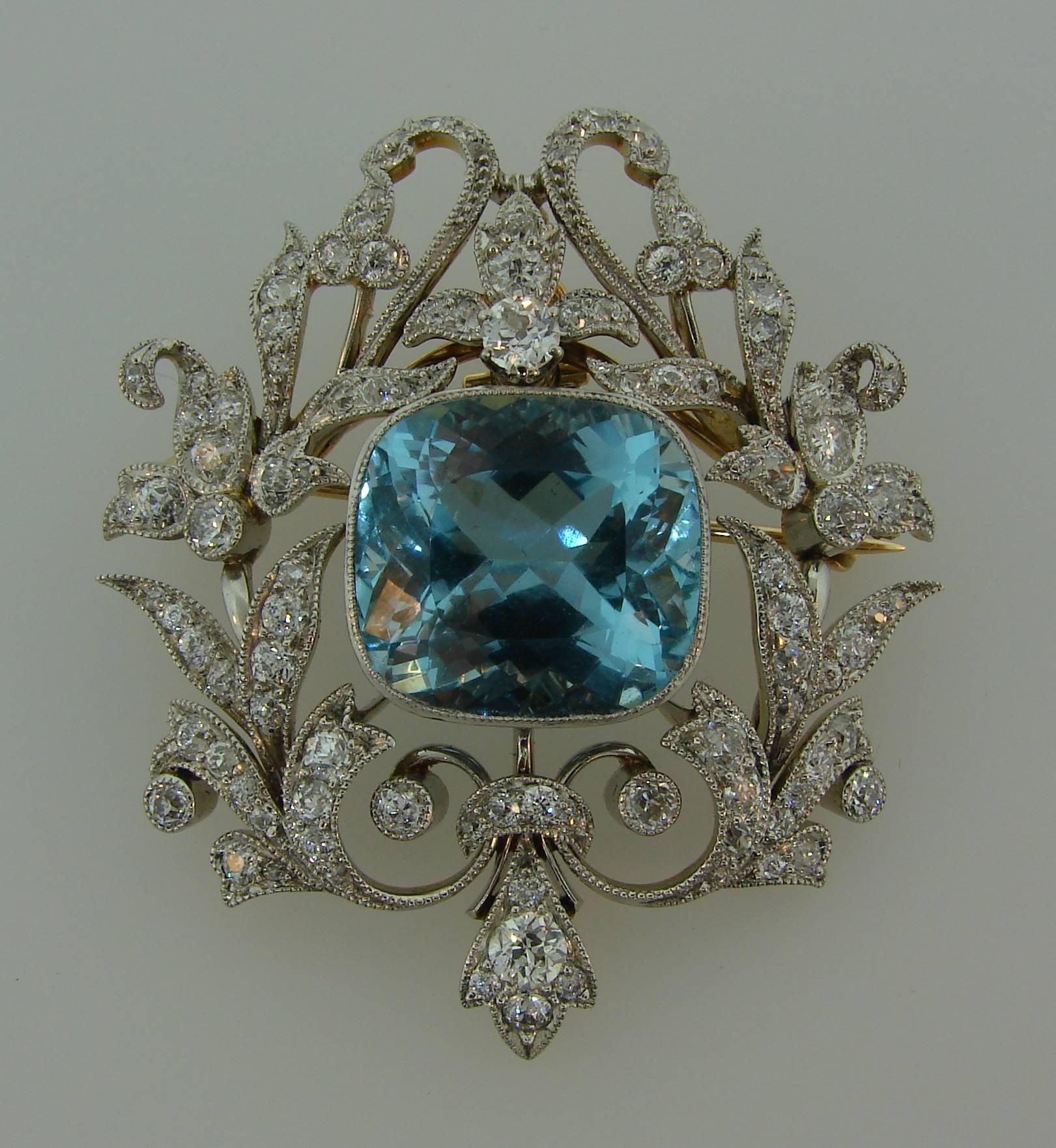 Amazing Edwardian (1901 – 1915) aquamarine and diamond pendant/brooch created by Black, Starr and Frost in the 1910s. Edwardian Jewelry is quintessentially feminine, lacy and delicate which makes the brooch a great addition to your jewelry