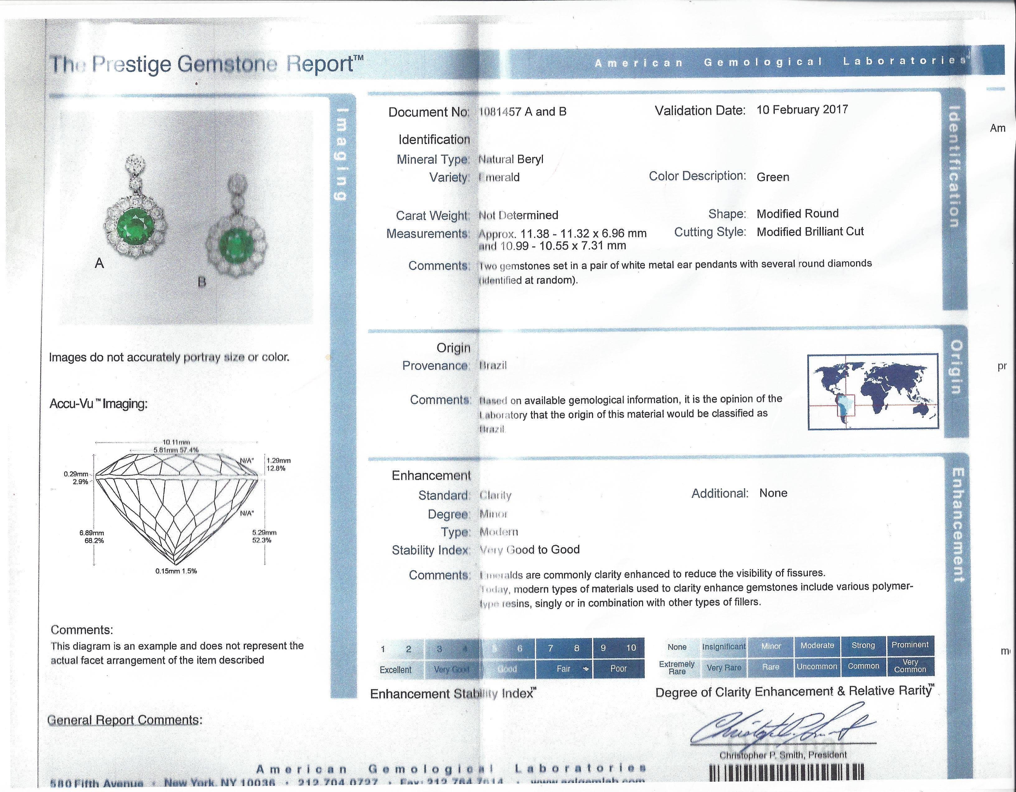 Emerald AGL Cert Diamond Platinum Dangle Earrings 3
