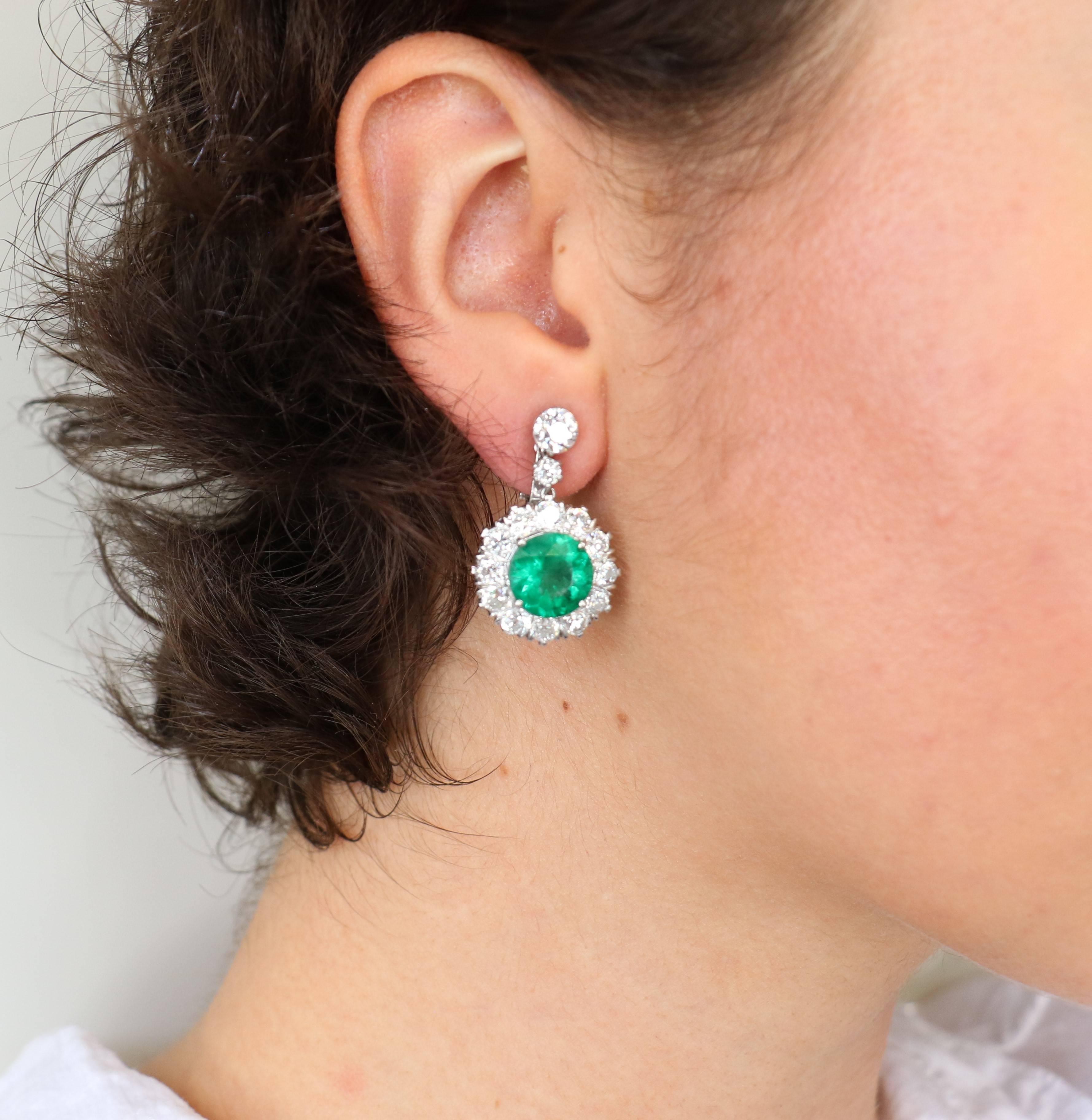 Emerald AGL Cert Diamond Platinum Dangle Earrings 4