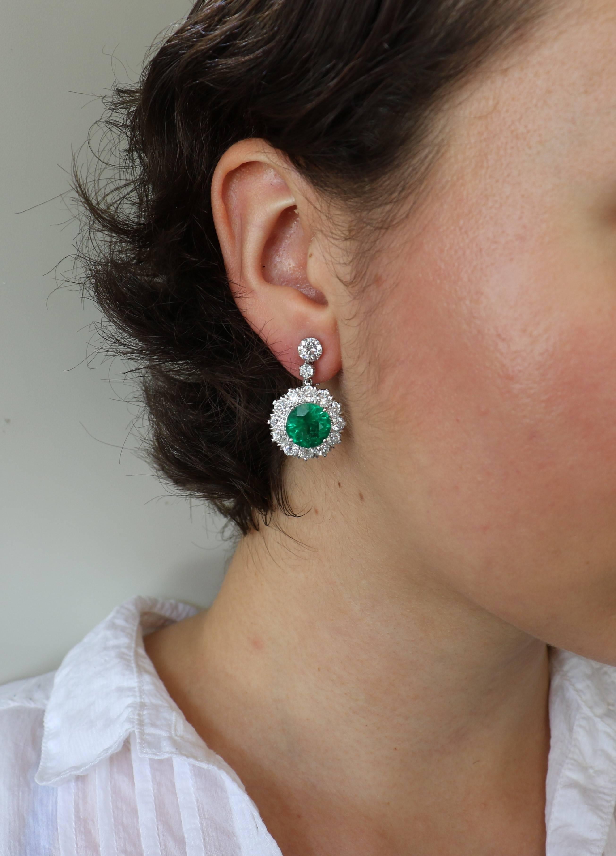 Emerald AGL Cert Diamond Platinum Dangle Earrings 5