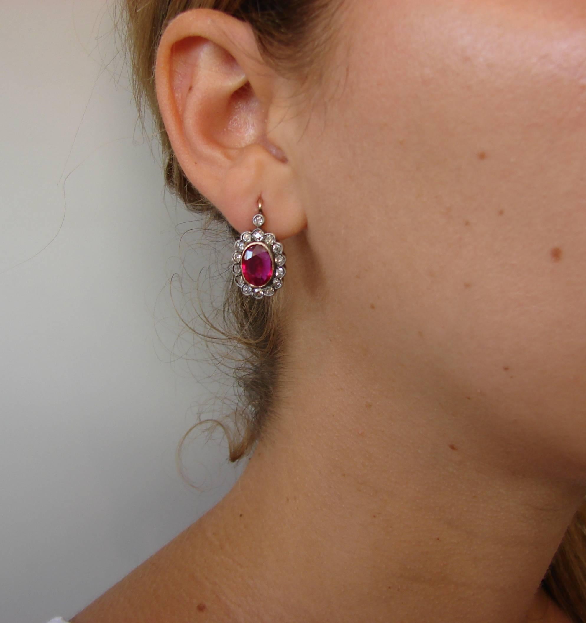 Mixed Cut Ruby Diamond Silver Gold Cluster Drop Stud Earrings For Sale