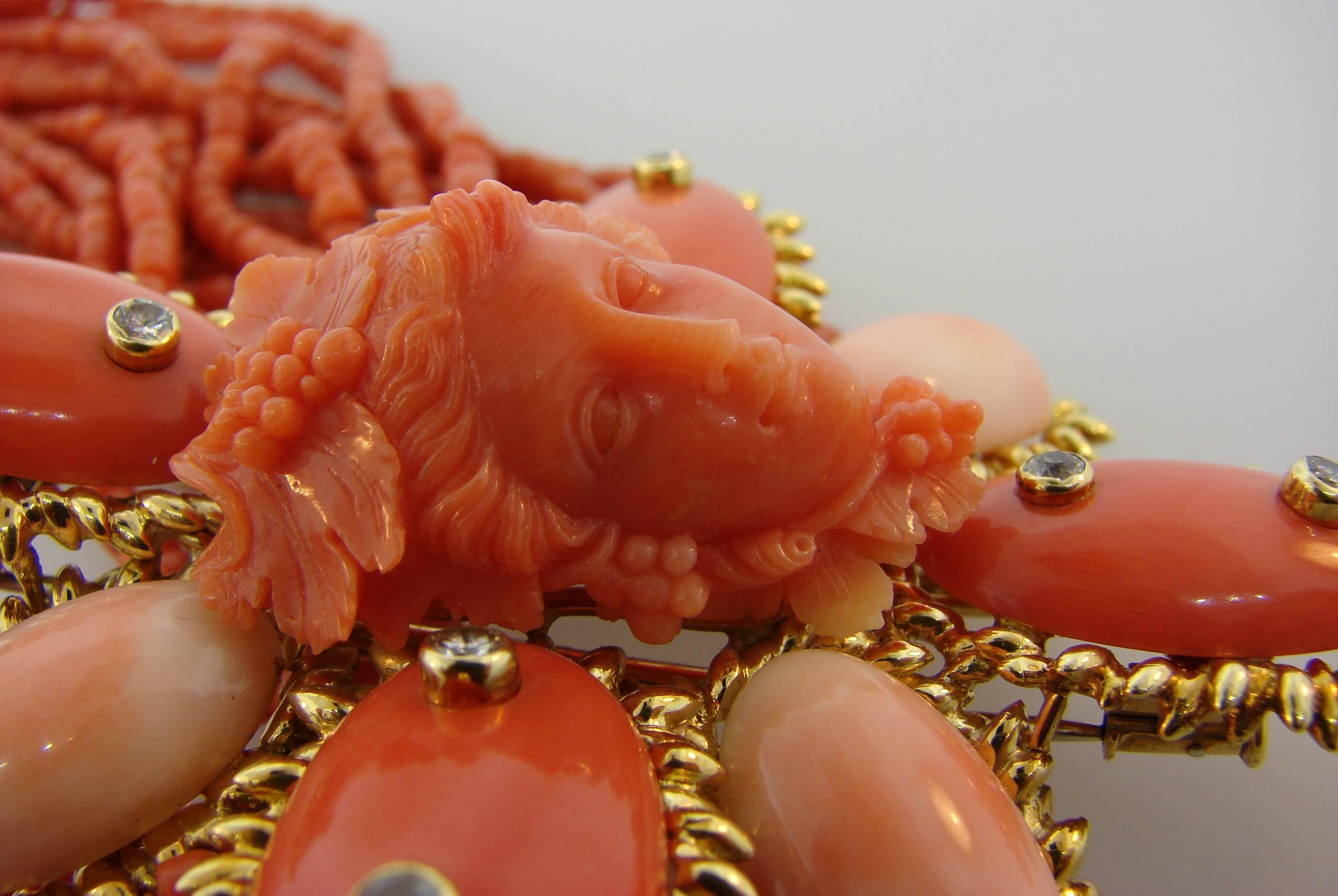 1950s David Webb Coral Diamond Yellow Gold Necklace Removable Brooch Pin Clip 3