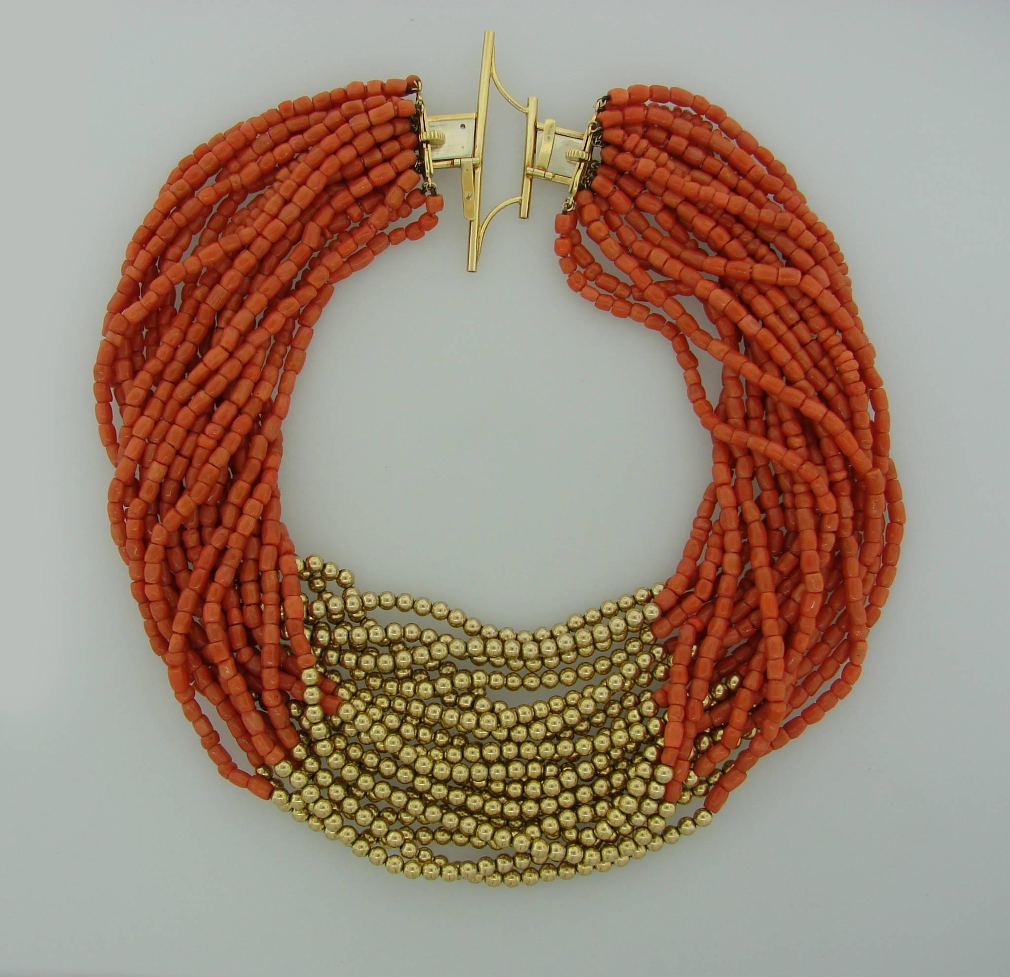 1950s David Webb Coral Diamond Yellow Gold Necklace Removable Brooch Pin Clip In Excellent Condition In Beverly Hills, CA