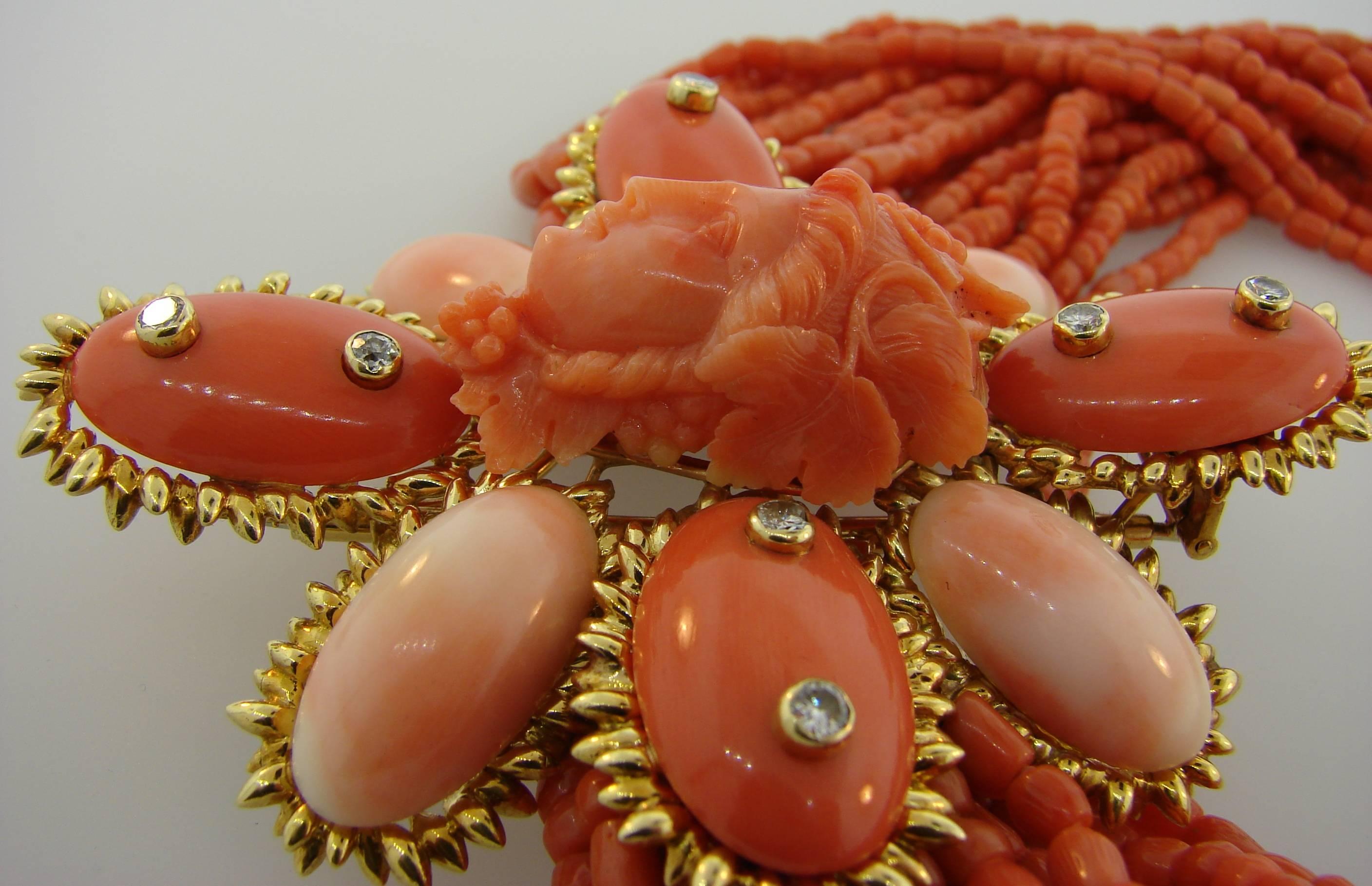1950s David Webb Coral Diamond Yellow Gold Necklace Removable Brooch Pin Clip 2