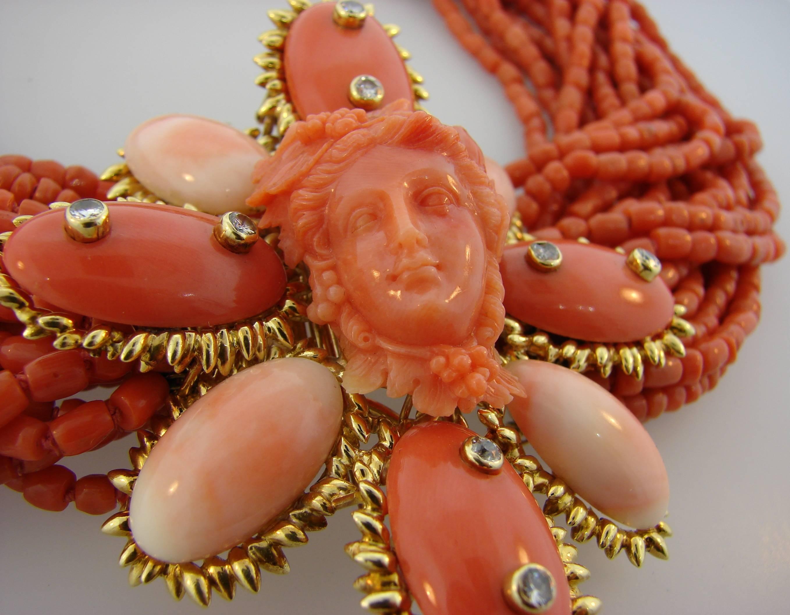 1950s David Webb Coral Diamond Yellow Gold Necklace Removable Brooch Pin Clip 1