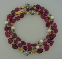 Verdura Multi Gems Bead Pearl Strand Necklace with Yellow Gold Bamboo Clasp