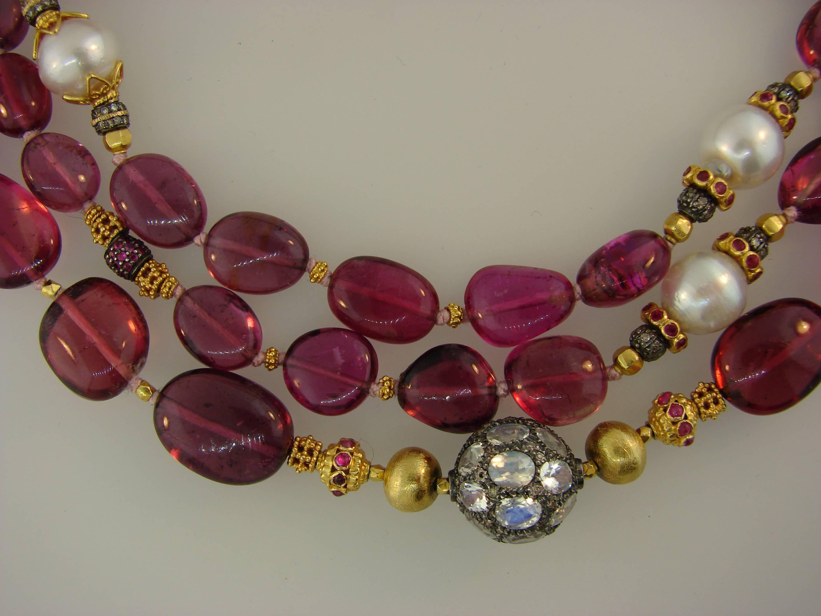 Women's or Men's Verdura Multi Gems Bead Pearl Strand Necklace with Yellow Gold Bamboo Clasp
